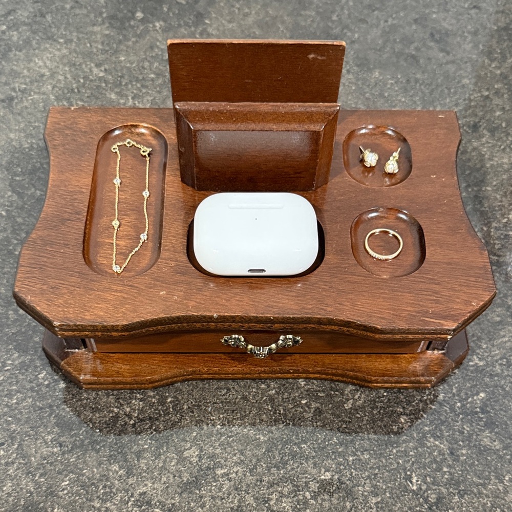 Vintage Wooden Valet Jewelry Box Organizer Drawer Velvet Wallet Mid-Century - Picture 11 of 11